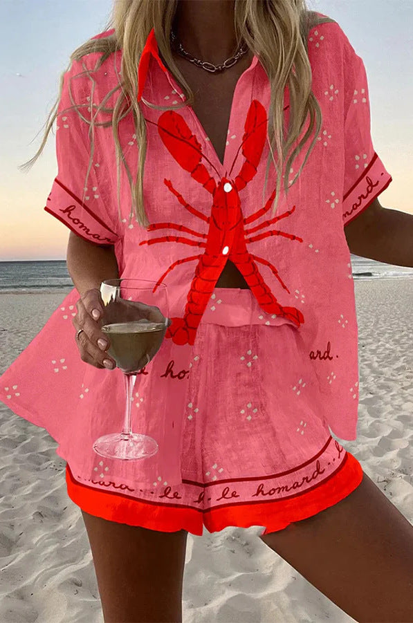 Amelia - Pink Lobster Linen Short Set
