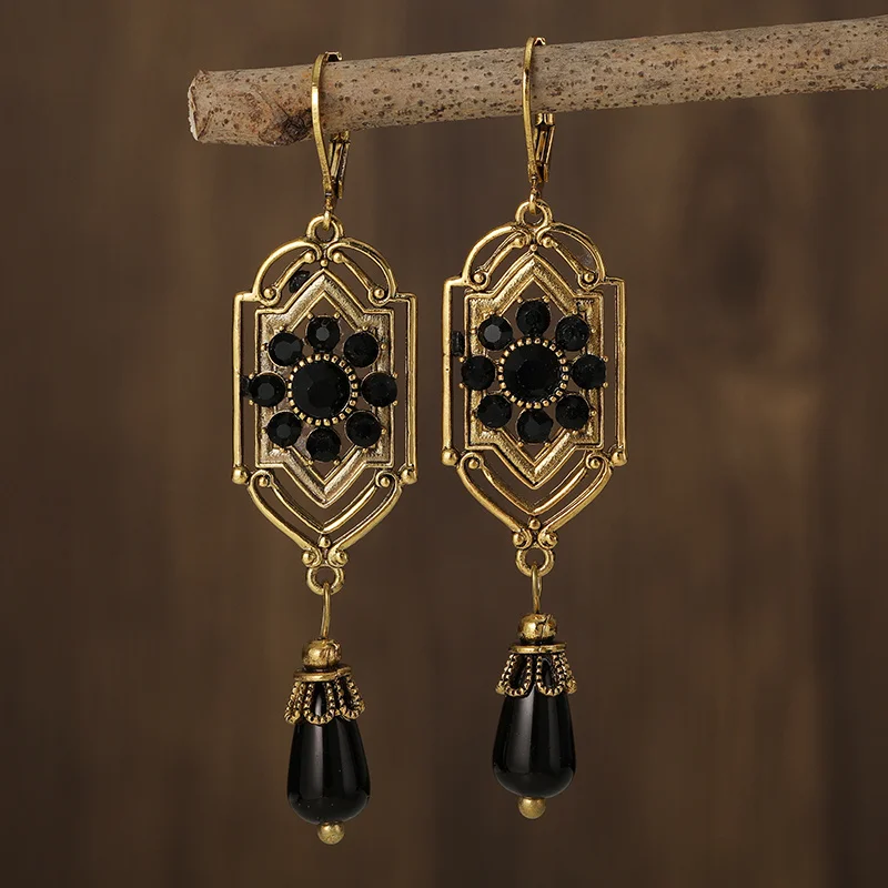 Vintage Earrings with Black Crystals Dangling